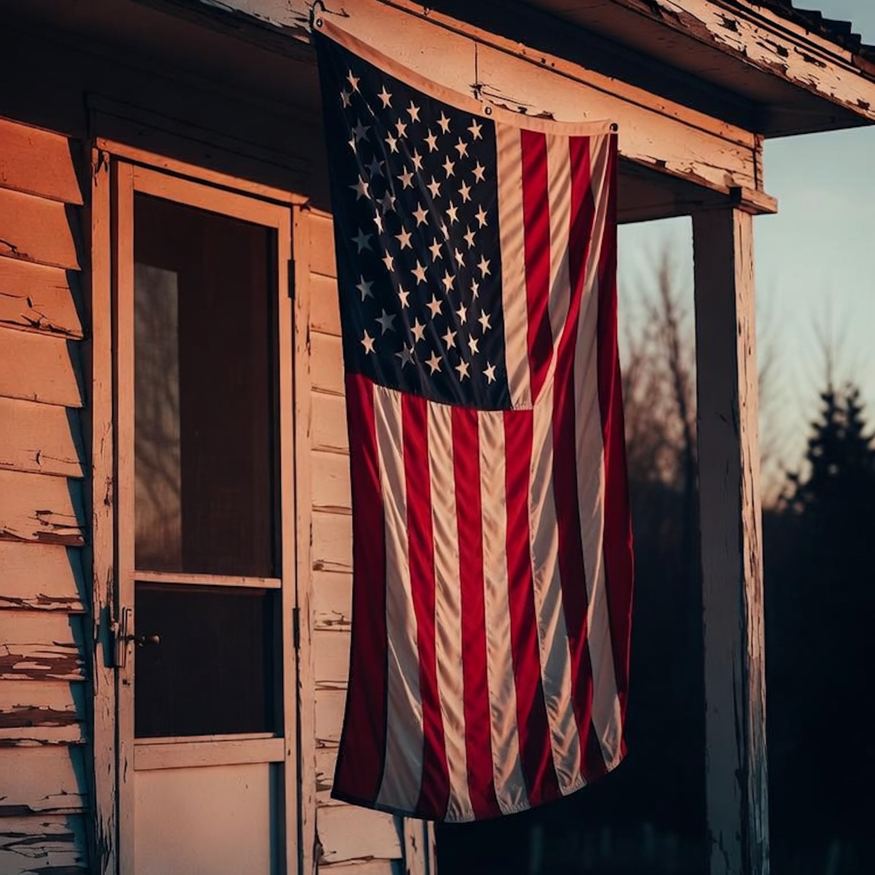 I’m Still Proud cover — lone worn American flag hung on a peeling porch at dusk — Reverend Gregory, DD · Front Porch Truths · 30A Records